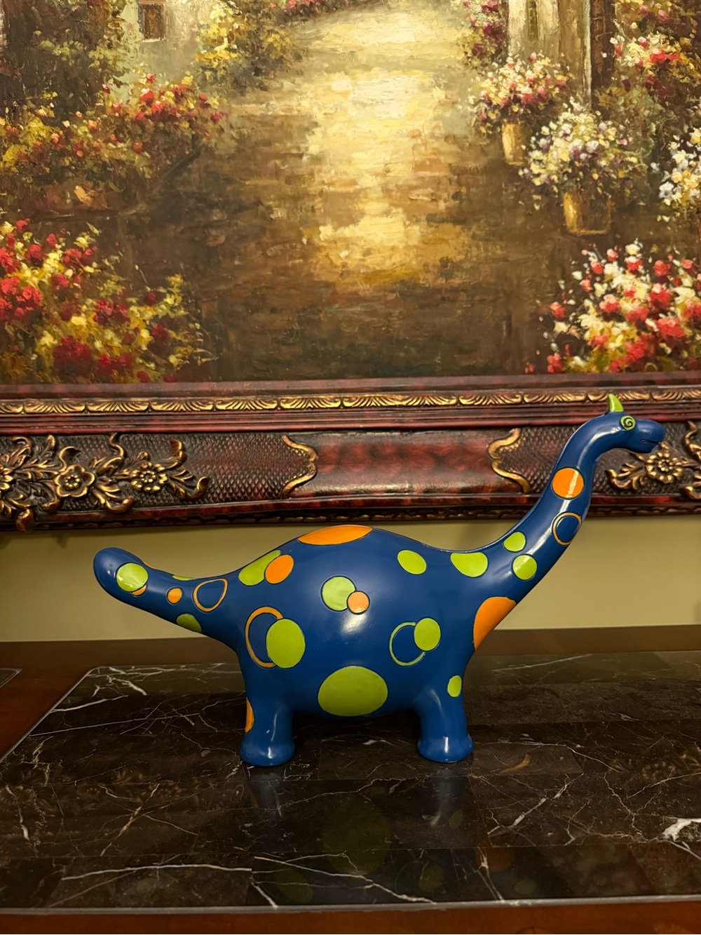 Vintage Green & Orange Polka Dot Ceramic Blue Dinosaur Coin Bank / Piggy Bank